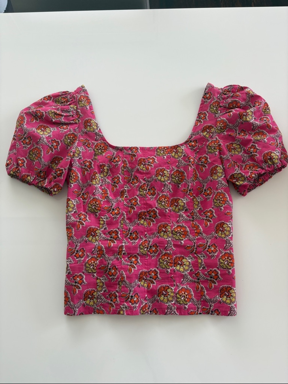 J. Crew Pink Floral Square-Neck Puff Sleeve Top